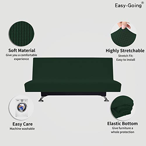Image of Easy-Going Stretch Large Futon Slipcover Armless Futon Cover Dark Green | Sofa Bed Furniture Protector Without Armrests with Elastic Bottom for Kids, Soft Jacquard Machine Washable