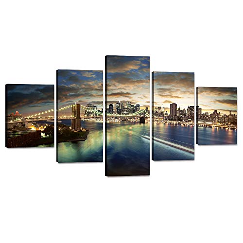 5 Piece Modern Wall Painting New York Brooklyn Bridge Wall Art Landscape HD Prints Pictures Multi Panel Giclee Artwork for Living Room Home Decor Wooden Framed Stretched Ready to Hang(60''Wx32''H)
