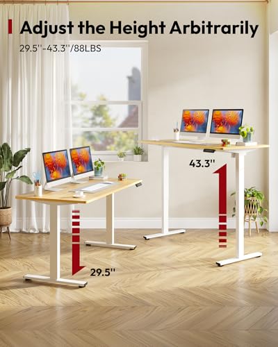SANODESK Electric Standing Desk 48 x 24 Inches Whole-Piece Desktop Height Adjustable Stand Up Desk w/6-Button Controller Ergonomic Computer Desk for Home Office, White Frame + Natural Tabletop
