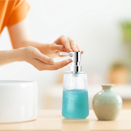 Image of Glass Soap Dispenser for Bathroom, 250ml /8.5oz Dish Soap Dispenser with Pump for Kitchen, Modern Minimalist Stripe Style Hand Soap Dispenser, Small Refillable Soap Dispenser (Clear 1pc)