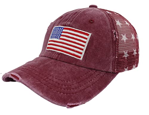 Image of American Flag Trucker Hat for Men Women, Adjustable Vintage Embroidery Washed Distressed USA Baseball Cap