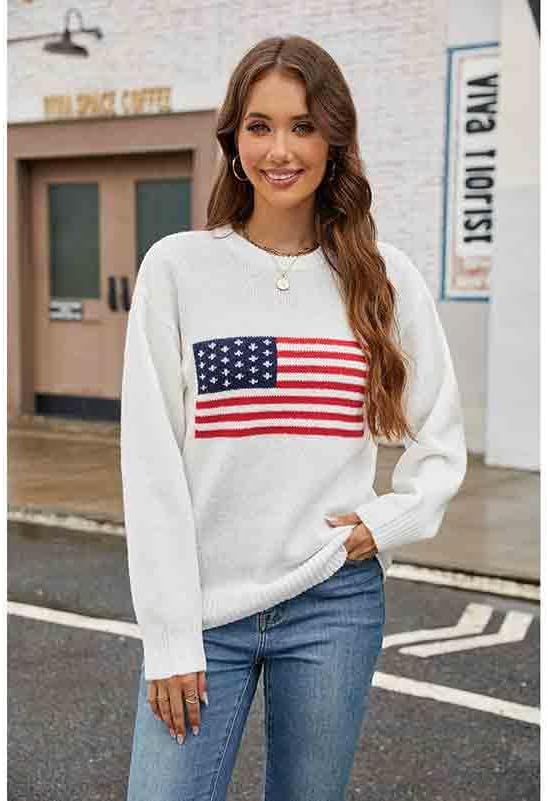 Women's American Flag Sweater Top Long Sleeved Round Neck Casual Knit Loose Pullover top - Image 2