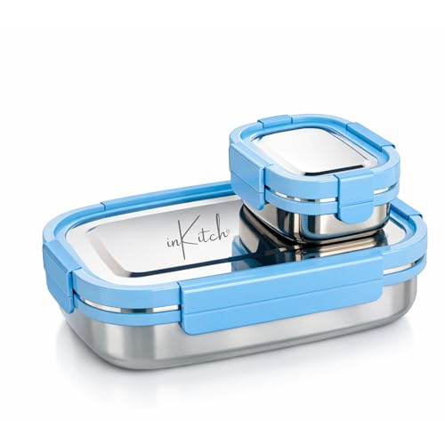 Image of Leak Proof Airtight Stainless Steel Lunch Box for Kids, 540ML + 90ML Snack Box Set, Steel Tiffin Box for School, Office & Picnic, Food Grade Durable Easy Carry Lunch Container