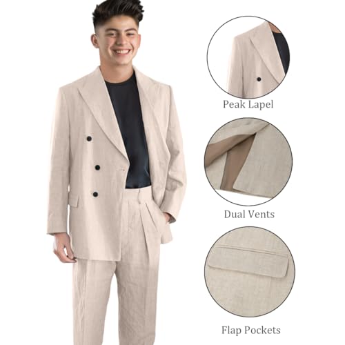 Men's 2 Piece Linen Suits Set Slim Fit Casual Double Breasted Linen Suit Men Summer Beach Wedding Suits3