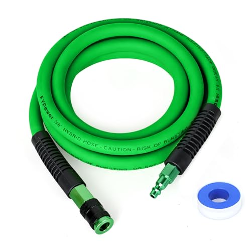 FYPower Hybrid Air Hose 3/8 in x 10 ft Lead in Hose Heavy Duty Lightweight Flexible and Kink Resistant Whip Hose with 1/4 Universal Aluminum Fittings Green