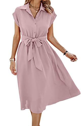 Image of ECOWISH Womens Casual Midi Dresses Solid V Neck Short Sleeve Button Shirt Belted Dress with Pockets for Spring Summer 2026