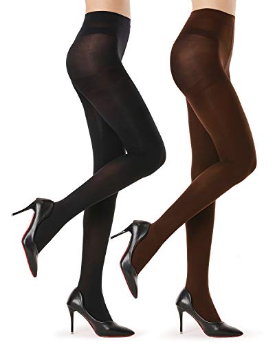 2 Pairs Opaque Tights for Women - 40D/70D Microfiber Control Top Pantyhose (40D Semi Opaque Coffee Brown, S)