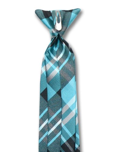 Vesuvio Napoli Boy's CLIP-ON NeckTie BLACK TURQUOISE WHITE PLAID Youth Neck Tie3