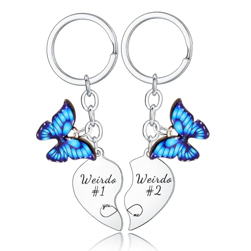 MADHAHEFU 2 Pcs Friendship Keyring Gifts for Best Friend: Weirdo 1 Weirdo 2 Heart Matching Keyring Set with Butterfly Charm
