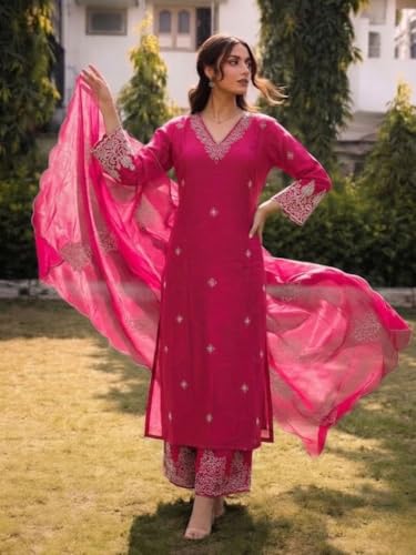 Image of SHIENZY Women's Embroidered Kurta Pant Set with Dupatta | Straight Kurta Set for Women | Ethnic Kurta Set for Women, Traditional Indian Kurta Pant Dupatta Set