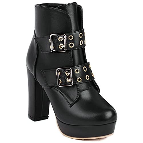 KOKOMOMO Womens Goth Buckle Platform Boots High Chunky Heeled Booties3