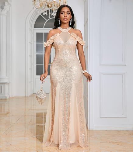 Image of Cololura Women Sexy Sequin Halter Neck Short Sleeve Mesh Perspective Party Bodycon Evening Cocktail Maxi Dress