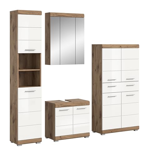 xonox.home Bad Wave X06E4B27 Badkombination Badmöbel-Set in weiß Hochglanz tiefzieh und Nox Oak Nachbildung, ca. B/H/T 204x191x34 cm