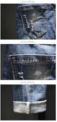 Men Slim Fit Light Blue Stretch Streetwear Frayed Hip Hop Distressed Casual Denim Trousers3