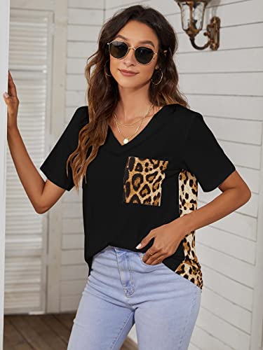 Blooming Jelly Women's Leopard Print Tops Loose V Neck Shirts Short Sleeve Blouses with Pocket2