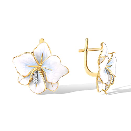 Santuzza 10K Yellow Solid Gold Lily Earrings Enamel White Flower Genuine Diamond Dangle Earrings For Women #TOP1