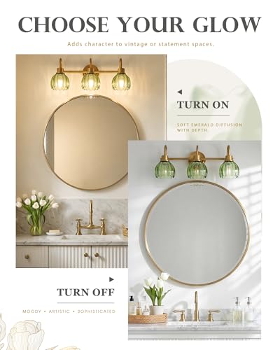 Image of 3-Light Gold Bathroom Light Fixtures with Green Tulip Glass Shade | 21 Inch Vanity Lights for Bathroom, Brass Vanity Lighting Fixtures Over Mirror, AD-22282-3W-GD-GR