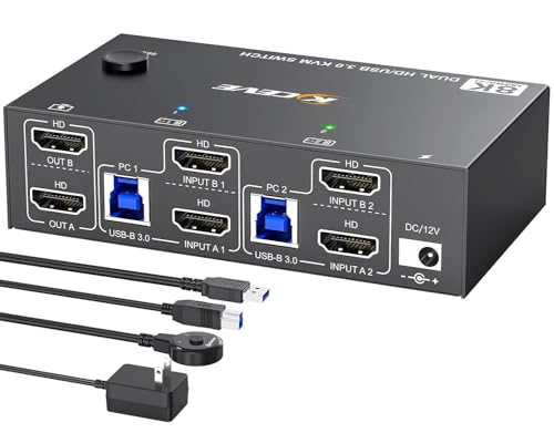 8K@60Hz KVM Switch 2 Monitors 2 Computers HDMI 4K@144Hz, USB 3.0 Dual Monitor KVM Switch for Running 2 Computers Across 2 Monitors, Sharing 4 USB 3.0 Devices, with Wired Remote &amp; USB Cable