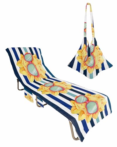 Summer Beach Lounge Chair Towel Cover, Soft Chaise Lounge Towel with Side Pockets Patio Pool Chairs Cover for Beach/Pool Sunbathing 29x85 Blue Teal Striped Watercolor Sun Welcome