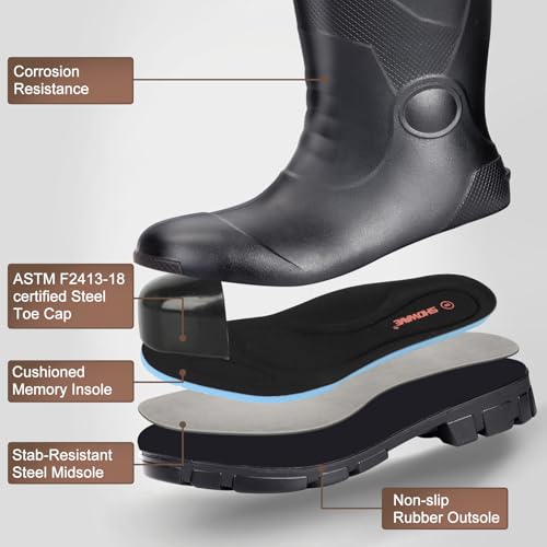 Image of Showave Steel Toe Rubber Work Boots for Men Waterproof Durable Concrete Boots for Hunting Manufacturing Construction