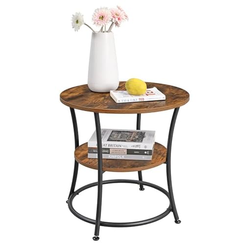 Image of Round end Table with 2 Shelves for The Living Room and Bedroom, Metal-Framed nightstand for Compact Spaces, and Outside Accent Coffee Table-Black Brown