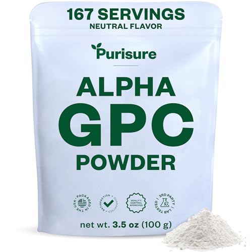 Purisure Alpha GPC Powder, Choline Supplement and Nootropics, Cognitive and Mood Support, Helps Stimulate Brain Focus, Memory Performance and Concentration, 167 Servings