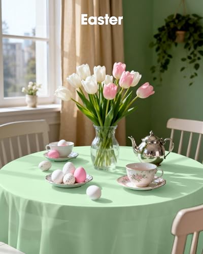 Image of Pureegg Plastic Table Cloth Disposable 10 Pack, 84'' Round Table Cloths, Easter Party, Decorative Tablecloths, Round, Light, Pastel Plastic Cover, Leakproof & Sturdy, Sage Green