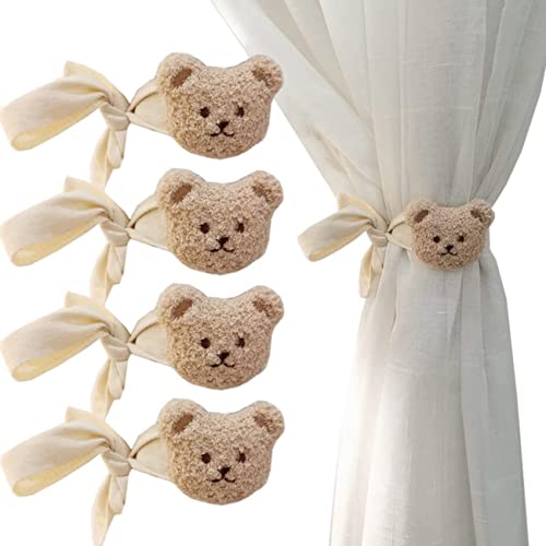 Yinitoo Embrasses pour Rideaux, 4 Pièces Attaches de Rideaux en Forme d'ours de Dessin Animé pour Enfants, Porte-Rideaux en Coton Accessoires de Rideau...