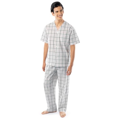 Image of Fruit of the Loom Men's Broadcloth Short Sleeve Top and Long Pants Pajama Set