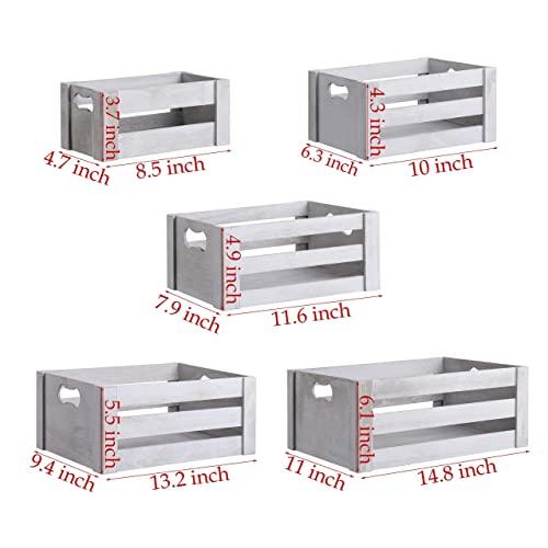 Kmwares Set Of 5 Vintage Rustic White Grey Wood Decorative Nesting Storage Crates With Open Handles - Multipurpose Wood Crafted Boxes/Bathroom Kitchen,Laundry Crates/Fruits & Vegetables Boxes #TOP4