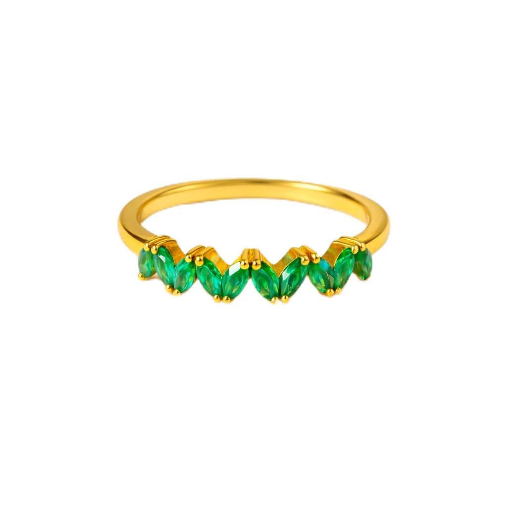 Simulated Emerald Marquise Band Ring for Women – 925 Sterling Silver with 18K Gold Vermeil, Green CZ Marquise Stones, Minimal Stackable Ring-image-22
