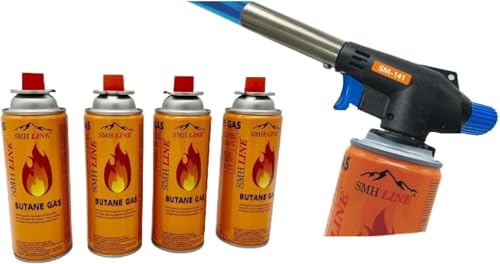 SMH LINE® Gasbrenner inkl. 4x Gaskartuschen 227g Küche Lötlampe Bunsenbrenner 1300°C Lötbrenner Brenneraufsatz Flambiergerät Piezozündung Schweißbrenner (Gasbrenner mit 4x gas)