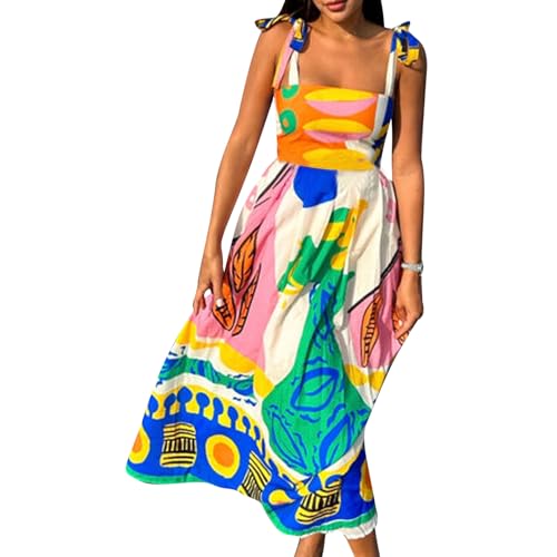Image of Women Y2k Boho Maxi Dress Tie Shoulder Backless Strappy Tiered Flowy Dress 2024 Summer Floral Beach Sundress