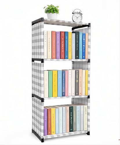 Image of 4-Tier Fabric Bookshelf Organizer - Heavy-Duty 140 GSM Fabric Book Rack, Space Saving Storage Shelf for Books, Home Office Bedroom Living Room, Easy Assembly, Modern Grey Check Design