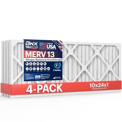 BNX TruFilter 10x24x1 Air Filter MERV 13 (4-Pack) - MADE IN USA - Electrostatic Pleated Air Conditioner HVAC AC Furnace Filters for Allergies Pollen Mold Bacteria Smoke Allergen MPR 1900 FPR 10