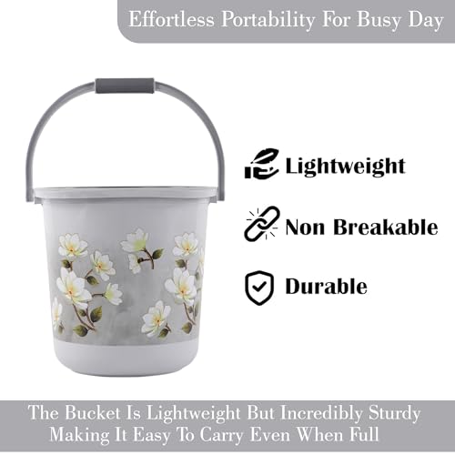 Image of Kuber Industries 3 Pcs Plastic 18 Ltr Bucket for Bathroom | Sturdy and Easy Grip Handle | Big Bucket for Bathing | Water Storage Bucket for Home | Bathroom Bucket Shower | Floral Print - Grey