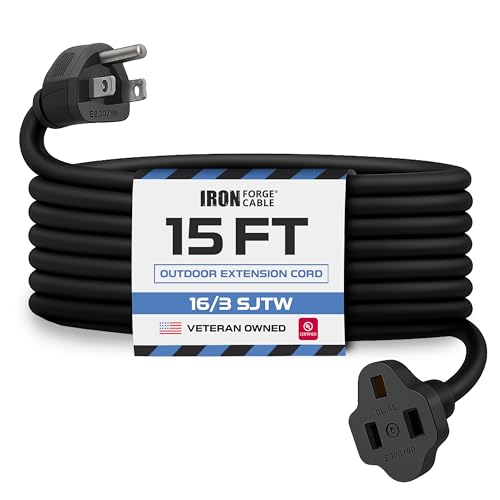 Iron Forge Cable 15 Ft Black Extension Cord, 16/3, 15 Foot Extension Cord, 3 Prong, Weatherproof - Great for Outside Use