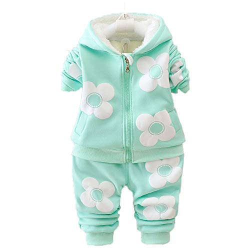 Yao 9M-3J Baby Mädchen Fleece Blumen Warm 2-teiliges Set Warmer Samt bedruckter Mantel und Hose(9-12M, grün) Cover