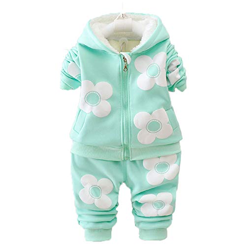 Spring and Autumn Winter Fleece Flowers Warm Girls 2 Piece Set（12-18 Months,Green）