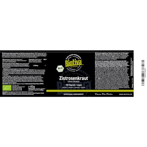 Zistrosenkraut Bio 150 Kapseln - Cistus Incanus - graubehaarte Zistrose - ohne Zusatzstoffe - Abgefüllt und kontrolliert in Deutschland - Biotiva