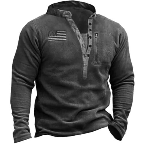 vfdgsaz Men's Outdoor Fleece Pullover Sweatshirt Warm Vintage Long Sleeve American Flag Button Henry Collar Jacket Grey
