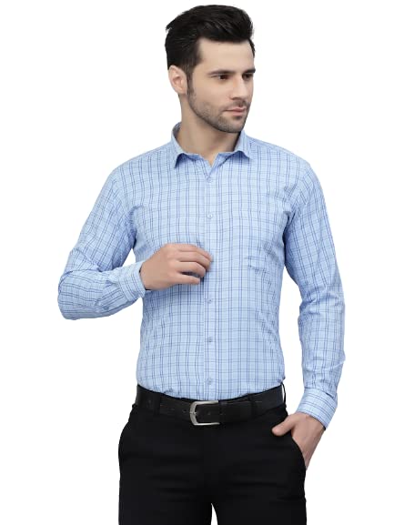 Image of Style Quotient Men Blue Tattersall Checked Polycotton Slim Fit Formal Shirt