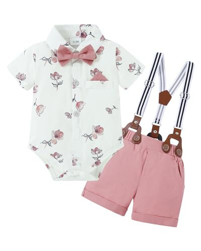 Image of nilikastta Baby Boy Outfits Infant Boys Clothes Dress Shirt/Bowtie/Suspender Shorts Wedding Party 0-18M