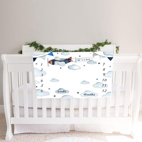 Image of Airplane Theme Baby Monthly Milestone Blanket for Boys, Soft Flannel Aircraft Pilot Cloud Stars Pattern Photography Prop Baby Shower Age Newborn Mom Gifts Nursery Decor (Blue, 48x48in)