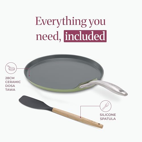 Image of Asai Ceramic Non Stick Dosa Tawa 28cm with Silicone Spatula | Green | 100% Toxin Free | Superior Swiss Ceramic Cookware | Gas & Induction Compatible | Dosa, Chilla Pan | Lab Tested | Steel Handle