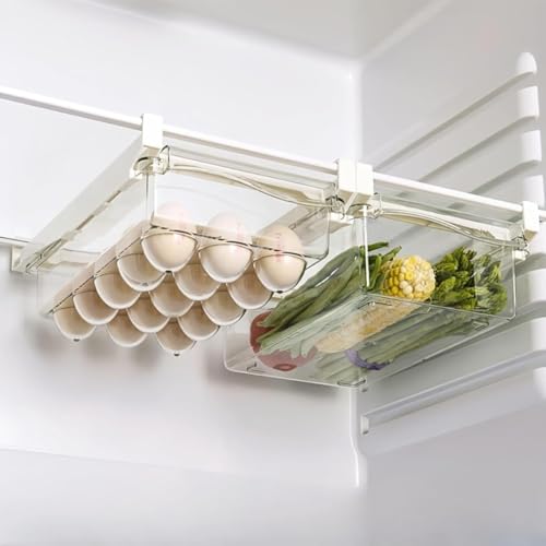 MsiDtsoy 冷蔵庫収納トレイ 2個セット 吊り下げ式卵・野菜収納 透明引き出し仕切り キッチン収納容器 小型オーガナイザー (野菜ケース*1+卵ケース*1)