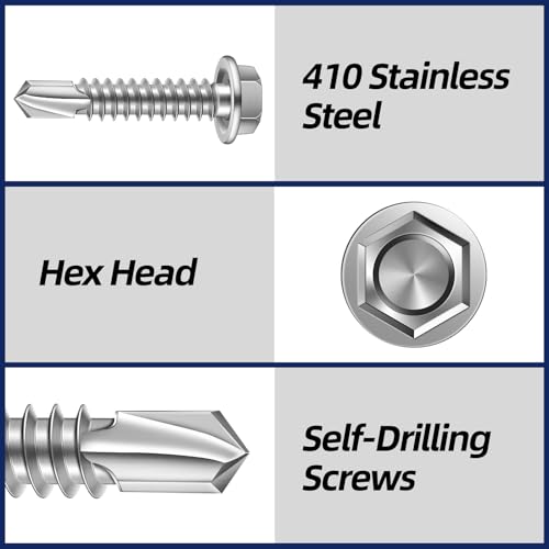 MewuDecor #8 x 1-1/2" Hex Washer Head Self Tapping Sheet Metal Screws with Drill Point, Stainless Steel 410, Self Drilling, 100 PCS