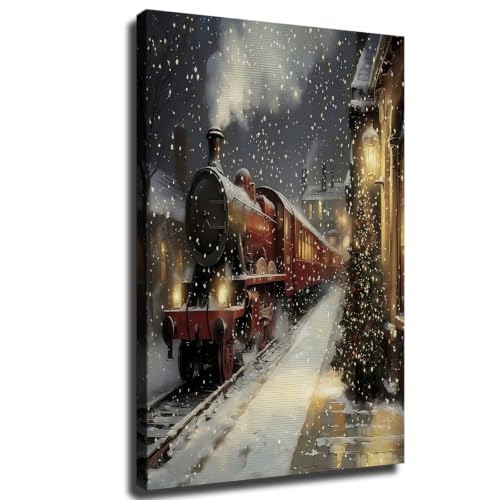 Vintage Christmas Train Canvas Wall Art (Framed,08×12 inch)