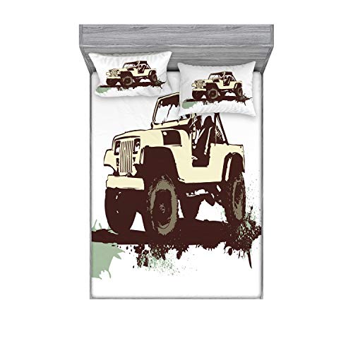 Lunarable Grunge Fitted Sheet & Pillow Sham Set, Retro Pop Art Style Vintage Car On The Road Adventure Graphic Design, Decorative Printed 3 Piece Bedding Decor Set, Queen, Brown Cream #TOP9