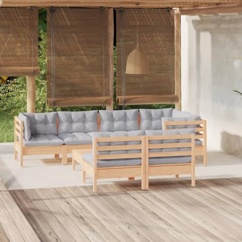 Teenpull Juego de 8 muebles de jardín de madera maciza de pino gris, sofá modular para terraza con cojín para relajación al aire libre, conjunto de asientos duraderos